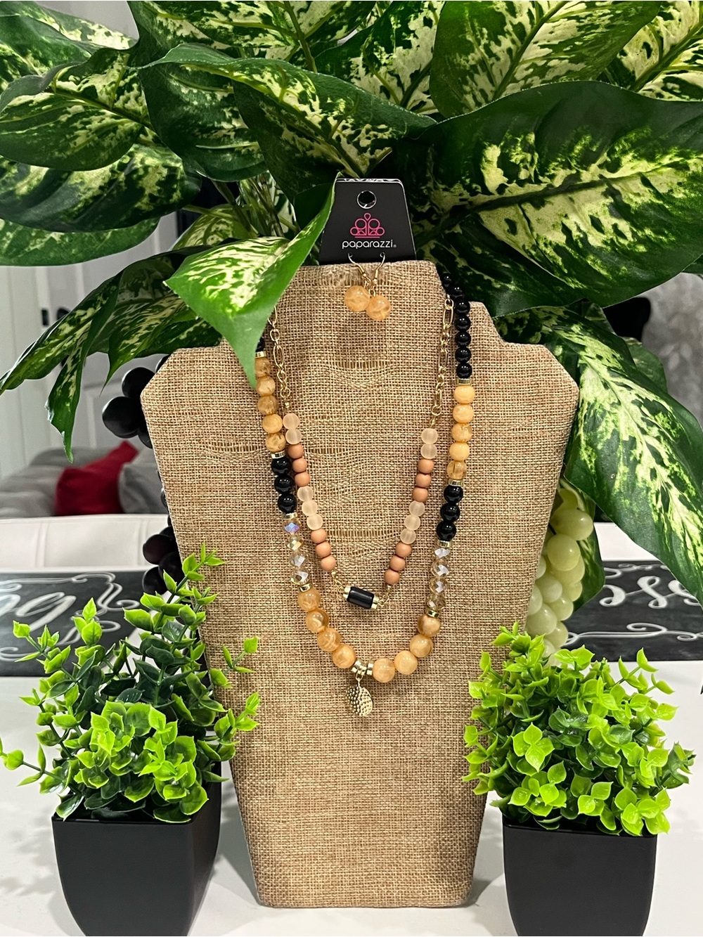 paparazzi Black and Beige Layered Bead Necklace Set with Pineapple Charm